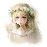 Cute White Flowers Girl Watercolor Illustration AI generated png