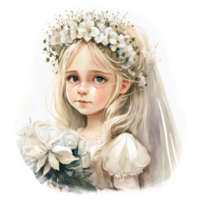Cute White Flowers Girl Watercolor Illustration AI generated png