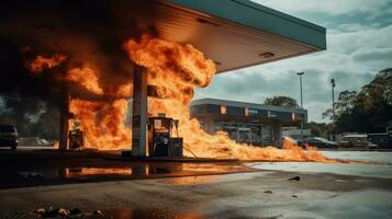 Fire at a gas station in daytime photo