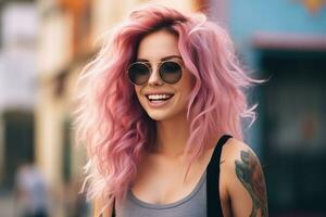 niña con rosado pelo con tatuajes en el calle, foto