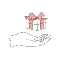 Gift box with red ribbon in hand drawn in one continuous line. One line drawing, minimalism. Vector illustration.