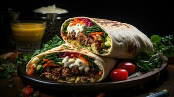 Aromatic shawarma filled with tender grilled chicken and fresh veggies. Generative AI. photo