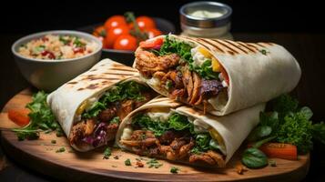 saborear el gusto de jugoso pollo shawarma envuelto en suave Agave un pan. generativo ai. foto