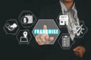 Franchise concept, Businesswoman hand touching franchise icon on virtual screen. photo