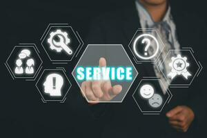 Service concept, Businesswoman hand touching service icon on virtual screen. photo
