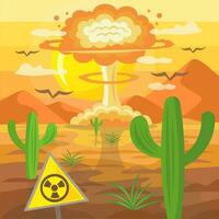 Nuclear explosion after atomic bomb as a mushroom cloud somewhere in desert with cactuses and mountains, radioactive zone - vector image
