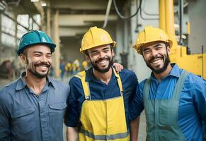 retrato de contento industrial fábrica trabajadores profesional trabajador en un casco. labor día concepto con gente. ai generativo foto