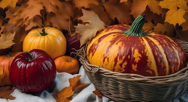 Pumpkins and apples in a basket on a table. photo