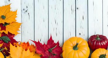 pumpkins and leaves on a white wooden table. Generative AI photo