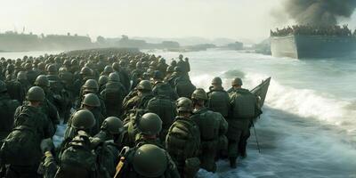 hundreds of soldiers disembark from ships on the shoreline, soldiers in the middle of the battlefield, soldiers on the battlefield in world war ii. photo