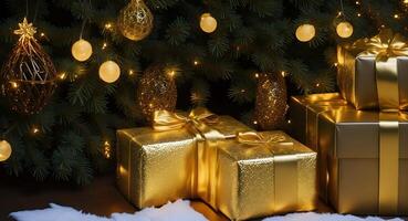 A golden gift box shining between the Christmas trees, illuminated by the magical twinkling of tree lights. photo