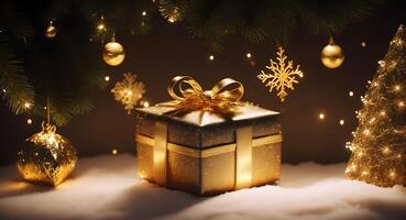 A golden gift box shining between the Christmas trees, illuminated by the magical twinkling of tree lights. photo