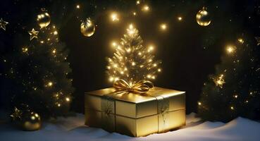 A golden gift box shining between the Christmas trees, illuminated by the magical twinkling of tree lights. photo