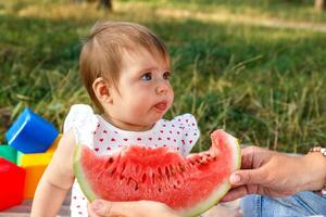 baby girl in the park in the summer with her mother tries watermelon for the first time photo