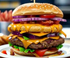 foto grande emparedado - hamburguesa hamburguesa con carne de res, rojo cebolla, tomate y frito tocino.