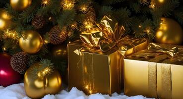 A golden gift box shining between the Christmas trees, illuminated by the magical twinkling of tree lights. photo