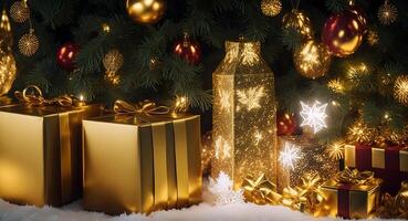 A golden gift box shining between the Christmas trees, illuminated by the magical twinkling of tree lights. photo