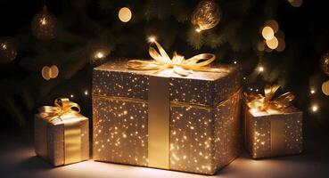 A golden gift box shining between the Christmas trees, illuminated by the magical twinkling of tree lights. photo