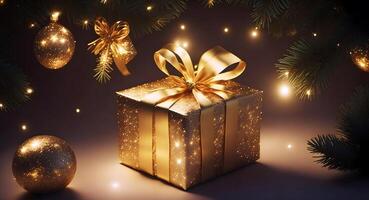 A golden gift box shining between the Christmas trees, illuminated by the magical twinkling of tree lights. photo