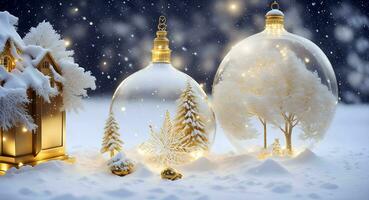 Wintery landscape of golden and white Christmas ornaments. Generative AI photo