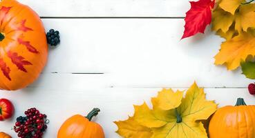 calabazas y hojas en un blanco de madera mesa. generativo ai foto