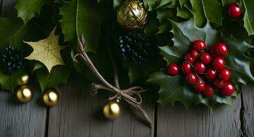 a bunch of holly leaves and berries on a wooden table photo