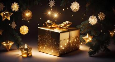 A golden gift box shining between the Christmas trees, illuminated by the magical twinkling of tree lights. photo