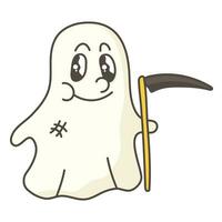 Cute ghost with a scythe in retro style. Minimalistic character. Halloween vector