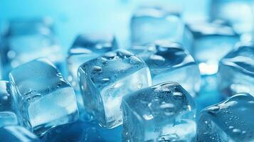 hielo cubitos con agua gotas en un azul antecedentes. tonificado ai generativo foto