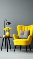 Elegant modern yellow textile armchair and table on grey wall background. AI Generated photo