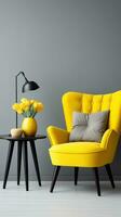 Elegant modern yellow textile armchair and table on grey wall background. AI Generated photo