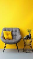 Modern grey textile armchair and table on yelllow wall background. AI Generated photo