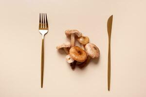 Mushrooms honey fungi with cutlery on beige background flat lay, top view photo