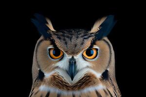 Portrait of a beautiful owl with orange eyes on a black background. AI generative photo