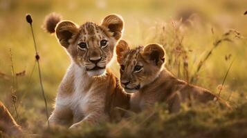 león cachorros con madre en masai mara nacional parque. ai generativo foto