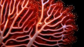 Close up of red and white corals on a black background. AI generative photo