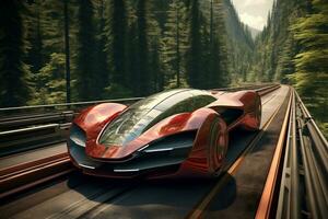 A futuristic red car on the road with forest. Fantastic car. AI Generated. photo