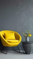 Elegant modern yellow textile armchair and table on grey wall background. AI Generated photo