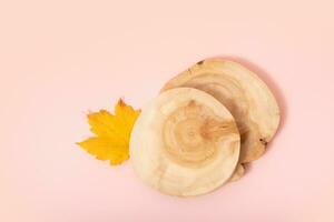 Podium or pedestal template mock up flat lay, top view. Autumn scene composition for cosmetics photo