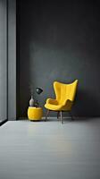 Elegant modern yellow textile armchair and table on grey wall background. AI Generated photo