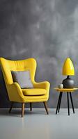 Elegant modern yellow textile armchair and table on grey wall background. AI Generated photo