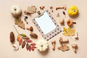 Empty paper with mushrooms and autumn leaves on beige background top view, flat lay photo