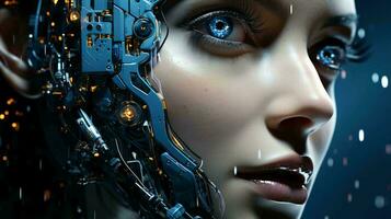 Connection of human woman and artificial intelligence robot. The concept of merging a person and a computer with neural networks in the future. AI generated photo