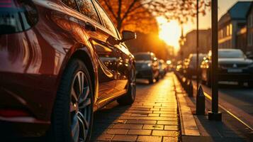 el coche es estacionado en el lado de el la carretera a puesta de sol. el concepto de transporte estacionamiento en un grande ciudad. ai generado foto