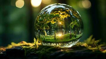 Green plants and trees in a glass sphere. The concept of environmental protection and green eco-friendly economy. AI generated photo