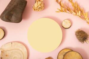 Podium or pedestal template mock up flat lay, top view. Autumn scene composition for cosmetics photo