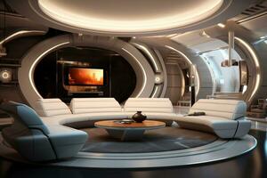 Living room in a futuristic design with big sofa and rounded decor. AI Generative. photo