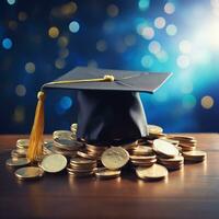 graduado gorra con monedas en azul antecedentes. ahorro para educación, conceder concepto foto