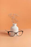 Eyeglasses with vase on colored background. Optical store, vision test, stylish glasses concept photo