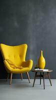 Elegant modern yellow textile armchair and table on grey wall background. AI Generated photo